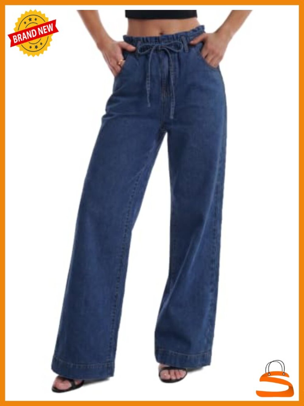Wide Leg Jeans High Waisted Elastic Waist Drawstring Baggy Denim Pants with